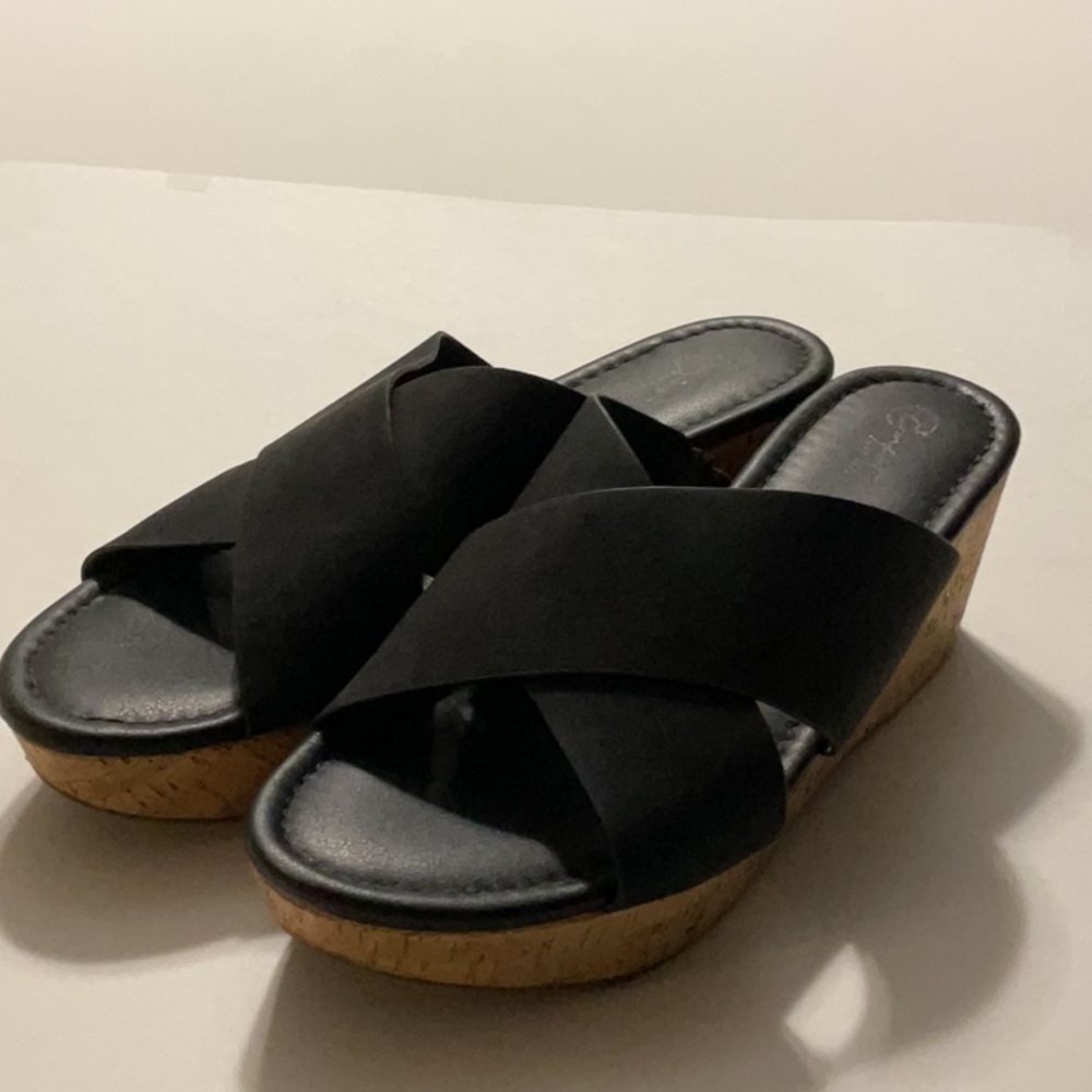 Women's Black Cork Wedge Slide Sandals